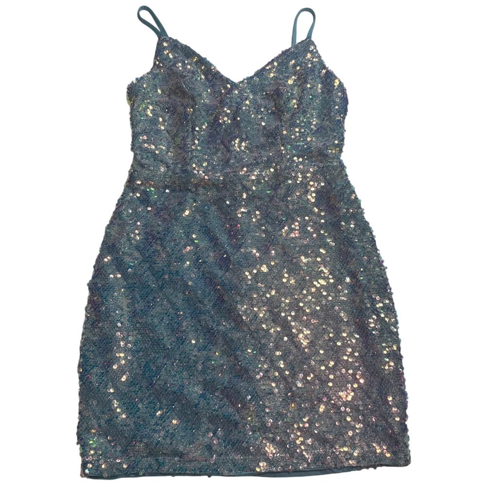 Faeriesty Women’s Sequin Mini Dress Teal Blue Sparkle Party Bodycon Size M